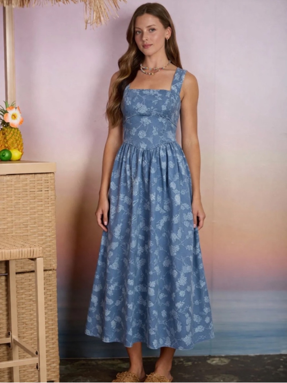Denim Floral Jacquard Corset Midi Dress Cottagecore Blue Small - Picture 4 of 6